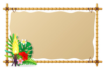 vector cartoon tropical exotic plants, burning torch and bamboo signboard. Hand drown design.