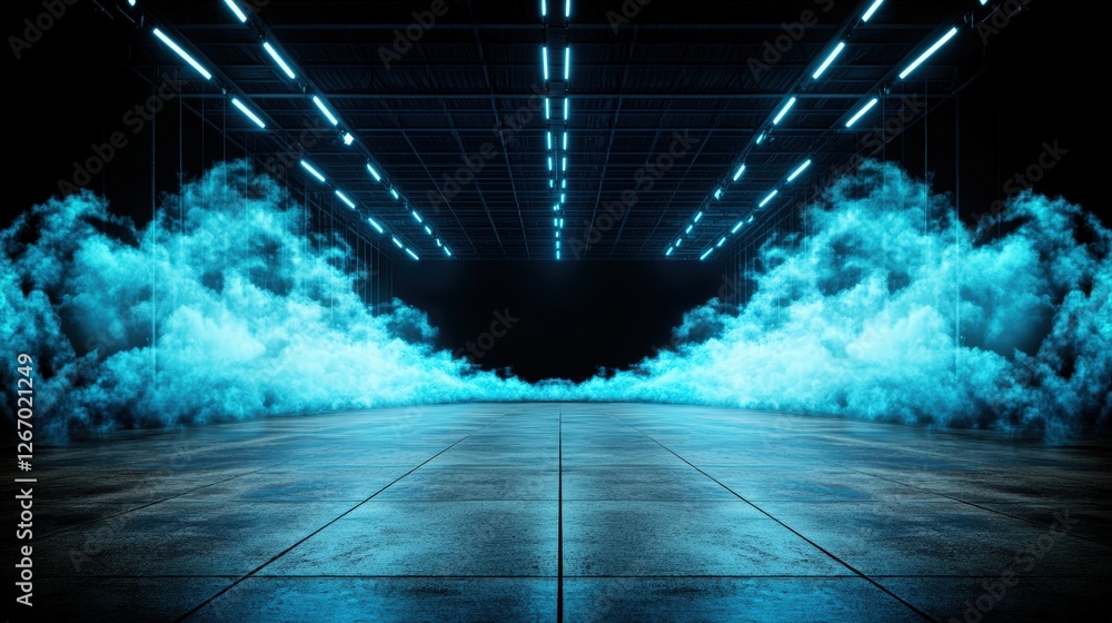 Poster abstract image of a dark room with blue smoke and a concrete floor creating a mysterious atmosphere