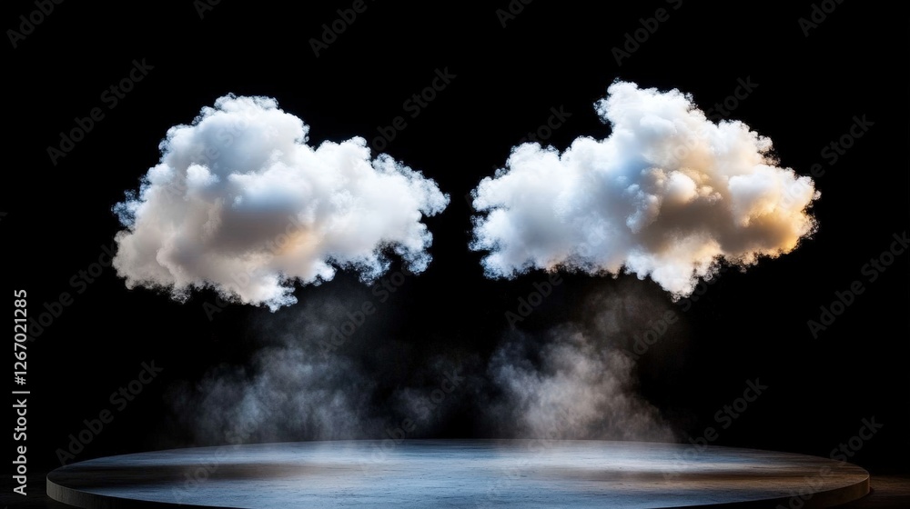 Poster abstract image of a cloud floating above a round table in a dark concrete room with a textured floor