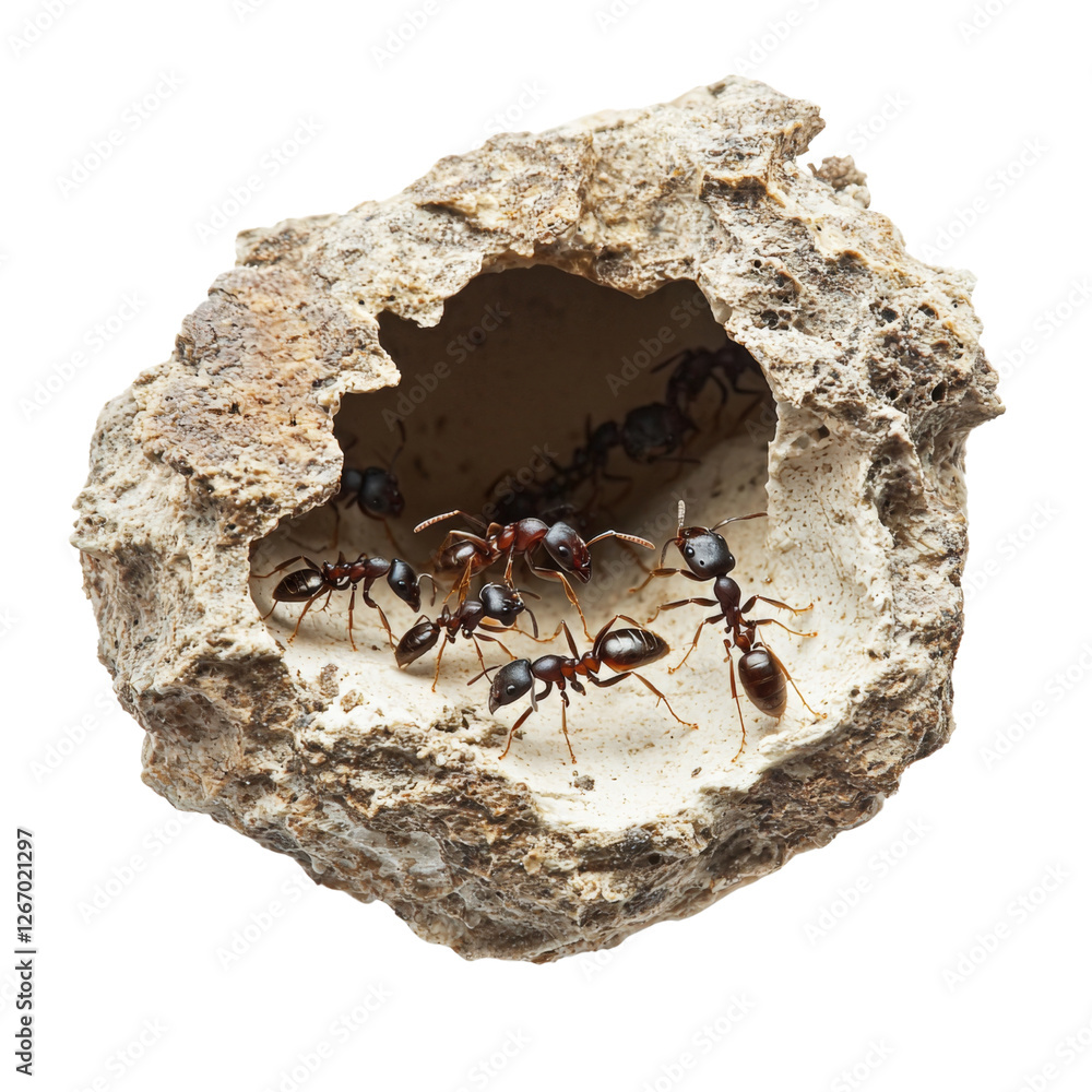 Poster Ants emerging from natural stone nest, showcasing their intricate behavior and teamwork. scene highlights unique structure of nest and ants industrious nature