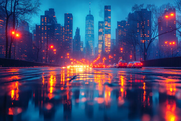 Fototapeta premium City Lights Reflecting, Urban Nightscape with Illuminated Roads and Skyscrapers