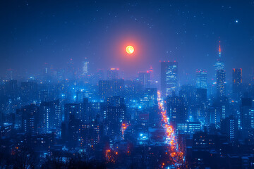 Nocturnal Illuminated Cityscape, A Majestic Midnight Skyline Under the Full Moon