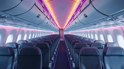 Inside modern airplane cabin with rows of empty seats