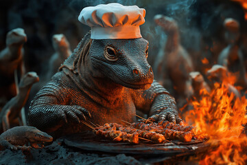 Komodo dragon chef grilling meat skewers over a bonfire