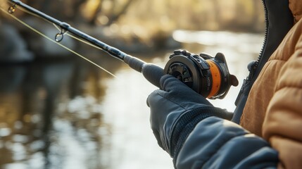 Angler fishing from river bank on sunny day for recreation or nature background