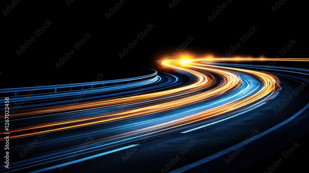 Poster long exposure dynamic light trails creating abstract speed streaks in various colors and patterns