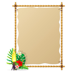 vector cartoon tropical exotic plants, burning torch and bamboo signboard. Hand drown design.