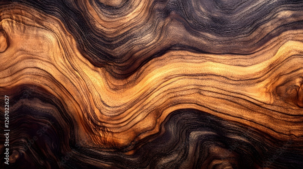 Poster close-up shot showcasing the intricate and mesmerizing grain of walnut wood. rich browns and dark hu