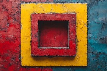Naklejka premium Abstract geometric composition featuring a square frame in vibrant red and yellow against a textured background