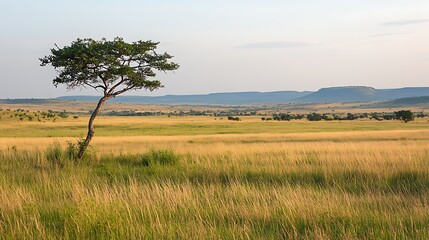 Obraz premium Lone acacia tree in vast African savanna grassland