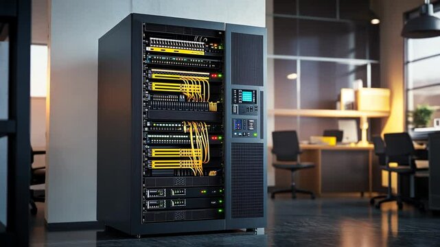 Modern server rack in a sleek office environment