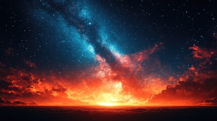 Fototapeta premium Breathtaking cosmic sunset showcasing vibrant colors over a serene ocean, with stars twinkling above