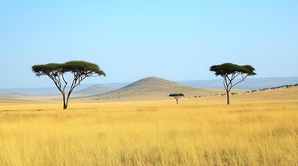 Serengeti Landscape Acacia Trees Golden Grassland Hills