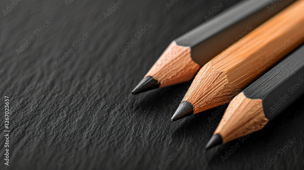 Poster sharp focus: a close-up shot of three sharpened pencils, the black graphite against a dark slate bac