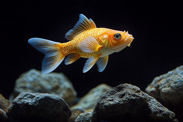Obraz premium Underwater Wonders, Glimmering Goldfish in Aquatic Display with Rock Formation