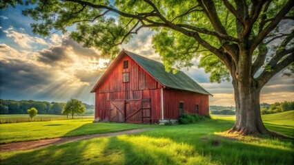 Serene Rural Scene Sunbeams Illuminate Rustic Red Barn Under Majestic Tree's Shade