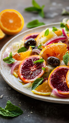 A vibrant Sicilian salad of blood oranges, fennel, red onion, black olives, and mint, drizzled with olive oil and lemon juice. The salad is served in a white plate