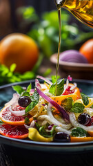 A vibrant Sicilian salad of blood oranges, fennel, red onion, black olives, and mint, drizzled with olive oil and lemon juice. The salad is served in a black plate
