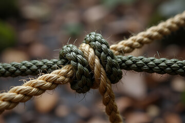 A detailed outdoor survival scene featuring a close-up of a strong knot tied with two contrasting ropes—one made of rugged paracord and the other a thick natural jute rope. The knot is centered, highl