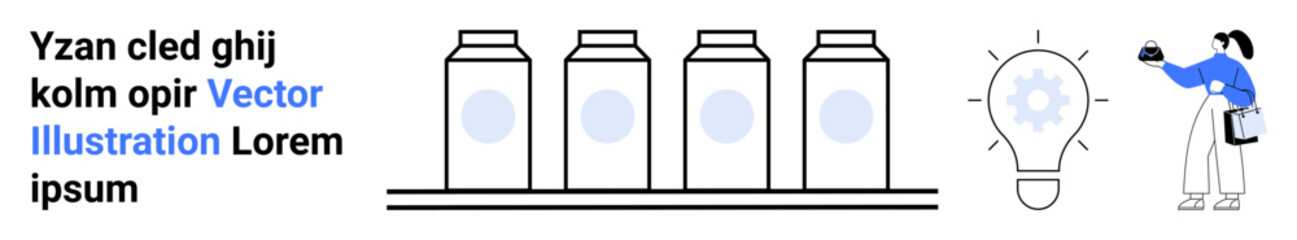 Four aligned bottles on a conveyor with cog-lightbulb and presenter holding a tablet. Ideal for creativity, innovation, manufacturing, technology, energy, presentations, education. Perfect for a flat