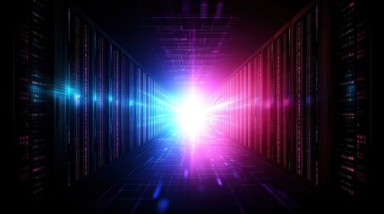 Dark server room with rows of servers and abstract technology big data background concept