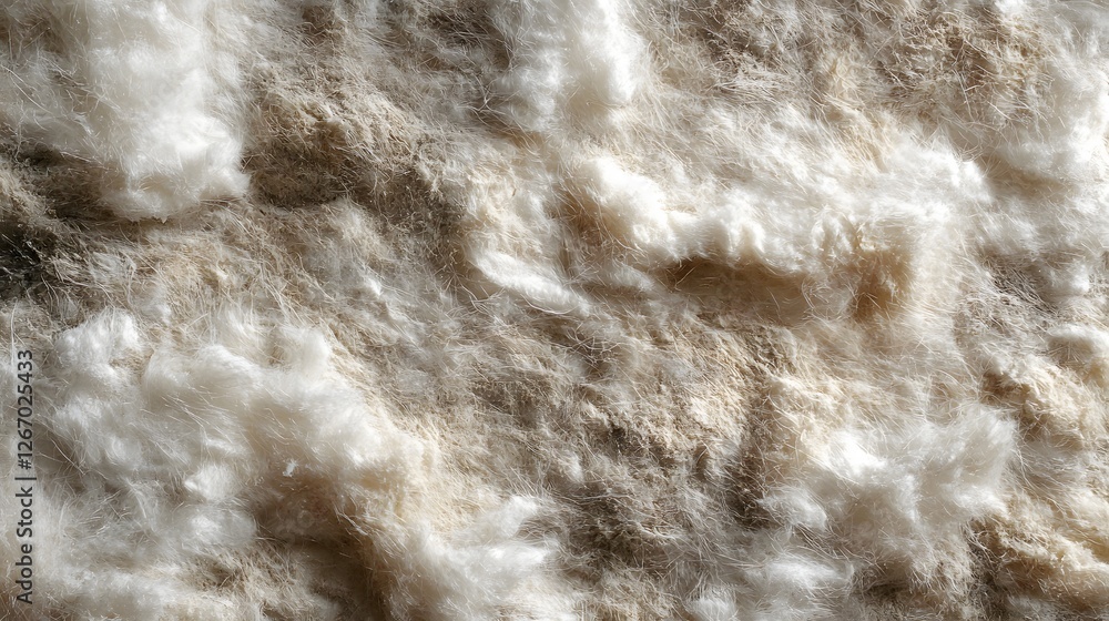 Poster close-up view of a textured beige and white fiber, showcasing its fluffy and soft nature. macro deta