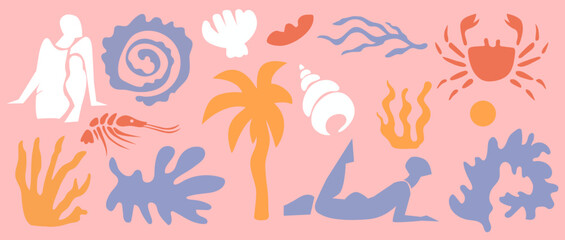 Summer botanical set with abstract floral design elements. Tropical flowers nature, plants and woman figure enjoying sunset beach. Abstract shapes leaves doodle art decoration. Isolated.