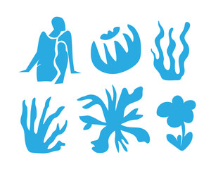 Summer botanical set with abstract floral design elements. Tropical flowers nature, plants and woman figure enjoying sunset beach. Abstract shapes leaves doodle art decoration. Isolated.