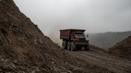 Fototapeta premium Red mining truck hauling ore, dusty quarry, forest background, industrial use