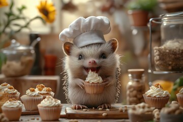 Cute hedgehog chef eating cupcake in kitchen