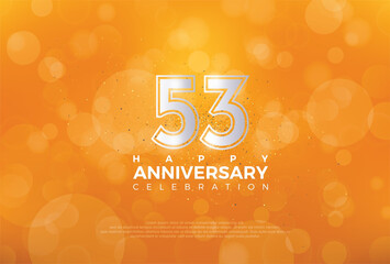 53th Anniversary celebration, 53 Anniversary celebration, Realistic 3d sign, Orange background, festive illustration, Silver number 53 sparkling Glitter, 53,54