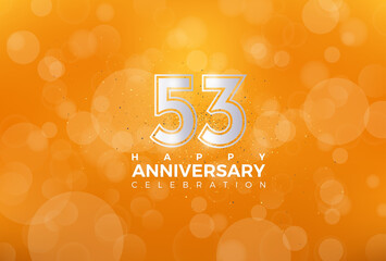 53th Anniversary celebration, 53 Anniversary celebration, Realistic 3d sign, Orange background, festive illustration, Silver number 53 sparkling Glitter, 53,54