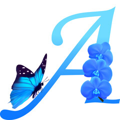 Blue letter A with orchid and butterfly on  transparent background; PNG