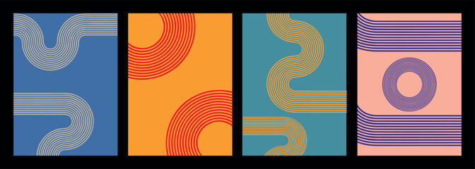 Retro 70s style stripes poster collection. shapes vector design graphic 1970s retro background. abstract stylish 70s era line frame illustration
