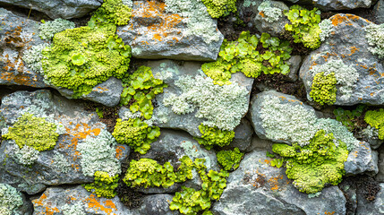 Green Lichen and Moss Growth on Rough Stone Wall Surface Nature