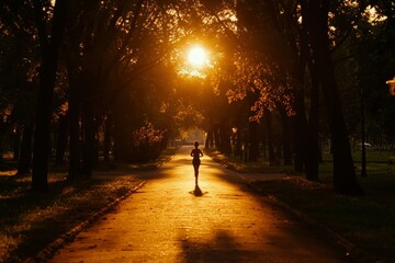 Woman runs on park trail at sunset; silhouette against sun, fitness lifestyle