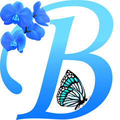 Blue letter B with orchid and butterfly on  transparent background; PNG