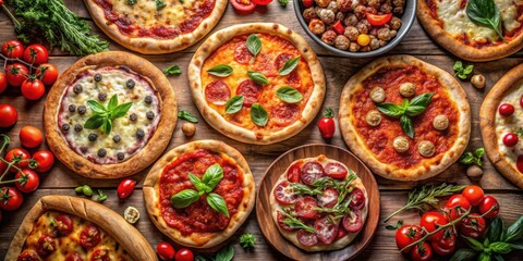 Fototapeta premium Aromatic flatbreads with diverse toppings, arranged on a rustic wooden surface, accompanied by fresh herbs and cherry tomatoes.