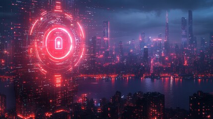 Futuristic cityscape at night with a red holographic security interface.