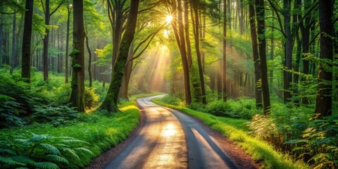 Obraz premium Sunlit Path Winding Through a Lush Green Forest