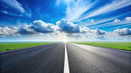 Asphalt road stretching towards a bright horizon under a vibrant blue sky with fluffy white clouds and sunlit meadow