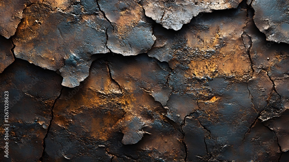 Poster close-up of a rusty metallic surface with cracks and varying shades of dark and golden hues. macro d