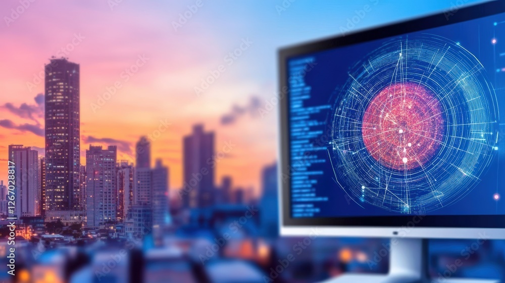 Poster computer screen displaying city car with artificial intelligence technology and machine learning int