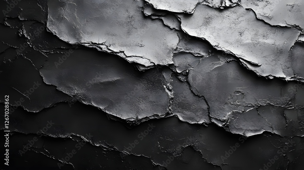 Poster Close-up view of an abstract dark grey texture, showcasing a complex interplay of layers and varying shades of grey. Macro detail. Abstract matte Dark Grey Clay Texture