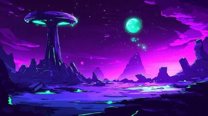 Fototapeta premium Vibrant purple alien landscape glowing under ethereal moon light. AI Generated