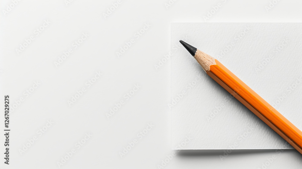Poster orange pencil on notepad: a sharp orange pencil rests diagonally on a blank notepad, ready for ideas