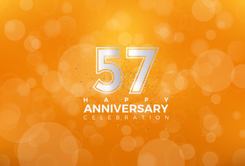 57th Anniversary celebration, 57 Anniversary celebration, Realistic 3d sign, Orange background, festive illustration, Silver number 57 sparkling Glitter, 57,58