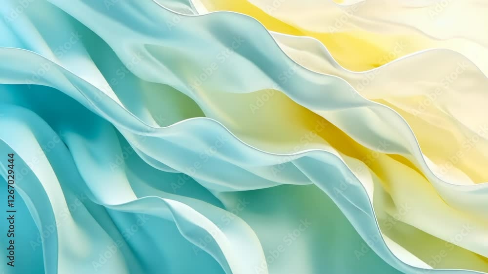 Poster flowing waves of blue and yellow fabric dance gracefully in soft light, creating a serene and calmin