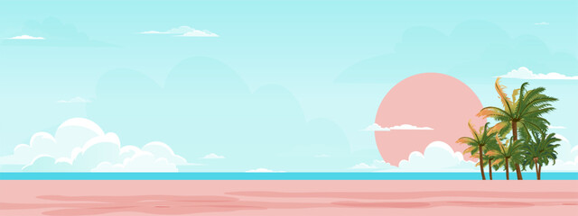 Summer background, Sky,cloud,sun over sea blue ocean water on pink sand beach with coconut palm trees,Vector Cartoon Fantasy landscape with copy space for Travel Event ,Holiday Vacation banner,Sale