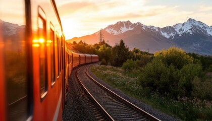 Train journey along the rails in the country at sunset offers transportation
